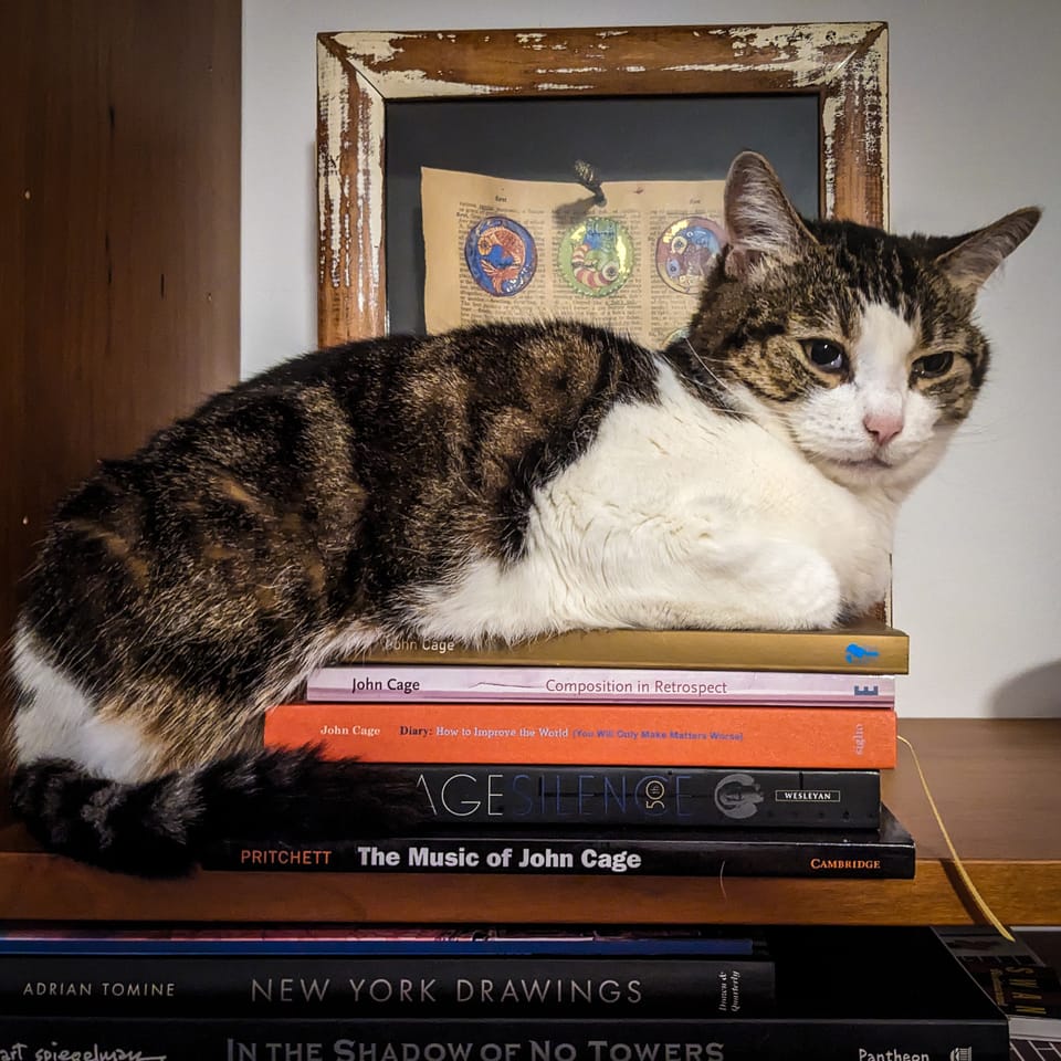 Charlotte sitting atop a pile of books by and about John Cage.